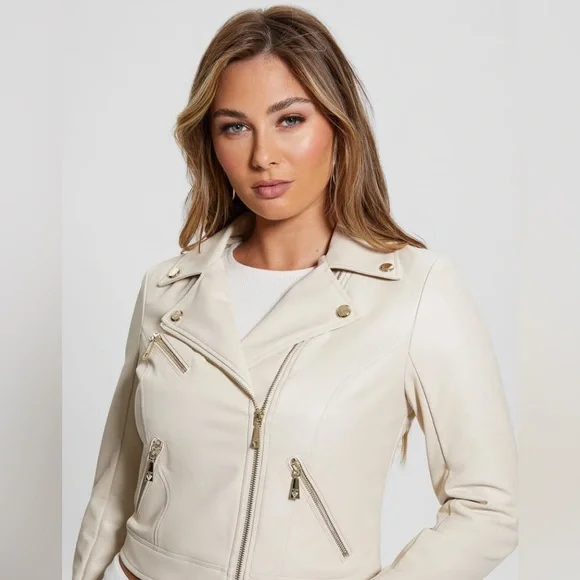Womens Jacket Guess Cream Leather Jacket Guess Los Angeles Faux